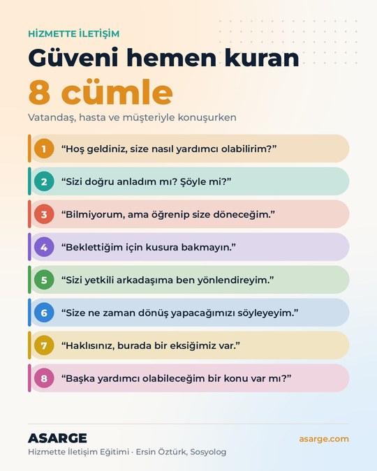 Açık zemin üzerinde "Güveni hemen kuran 8 cümle" başlığı ve vatandaş, hasta ve müşteriyle konuşurken kullanılabilecek sekiz cümlenin renkli şeritlerle listelendiği görsel.